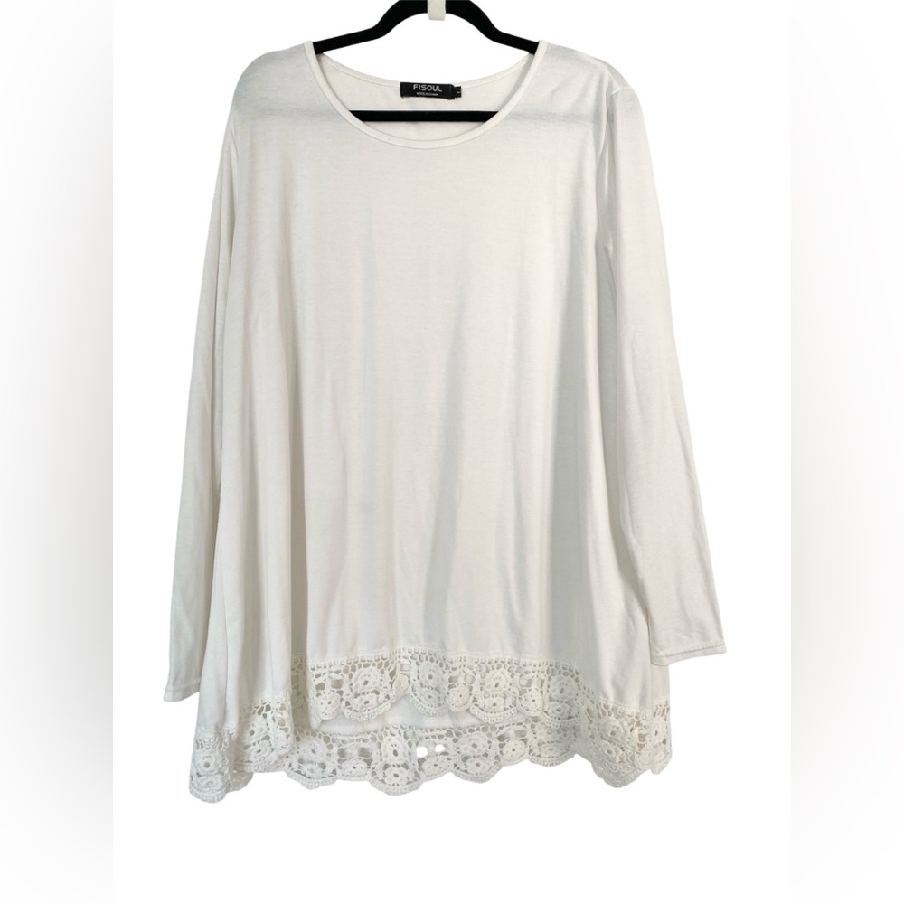 White Boxy Long Sleeve Tunic with Lace Trim